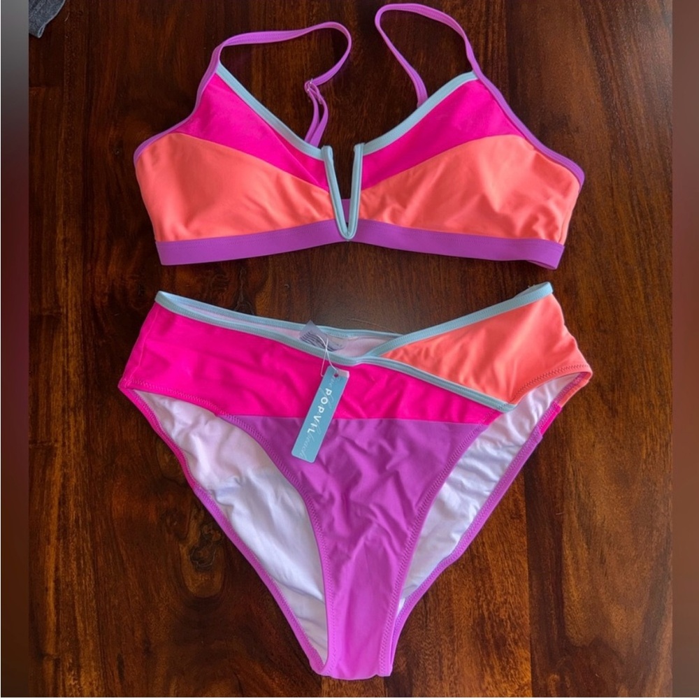 Popvil Colorblock V-Notch Bikini Set in Pink & Coral